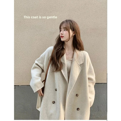 Winter Long Pink Woolen Coat French Hepburn Style Loose Casual Slimming Knee-Length Tweed Outerwear Women's Fashion