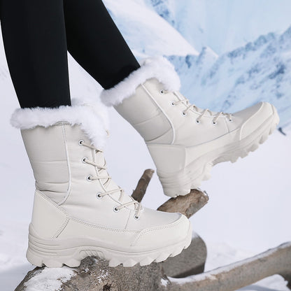 2025 Women's Snow Boots Beige Lace-up Waterproof Antiskid Female New Ankle Boots Walking Shoes plush Winter Warm Mid-Calf Boots
