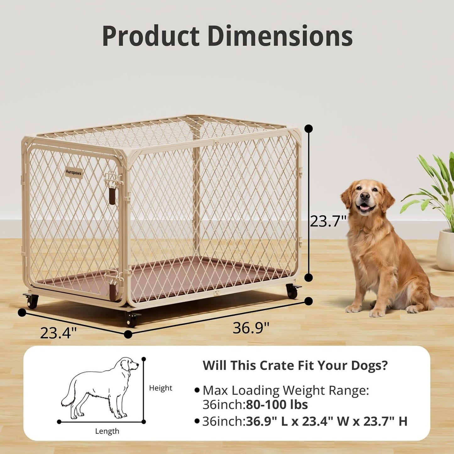 Caixa de Transporte para Cães 36" com Rodas, Bandeja Antivazamento, Canil de Metal com Malha Diamante para Cães de até 45 kg