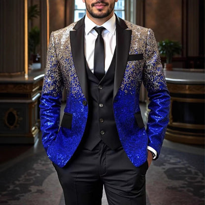 Shiny Sequin Tuxedo Jacket for Men - Royal Blue & Gold Gradient, Black Lapel, Formal Party/Wedding/Stage Wear? Coat.