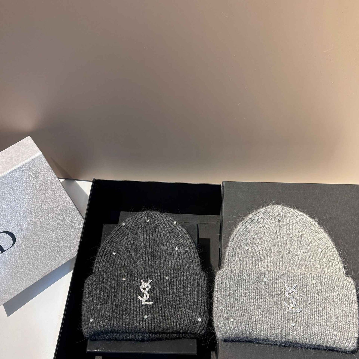 Rhinestone Decor Rabbit Fur Knitted Hat Warm Ear Flap Beanie for Women Luxury Soft Slouchy Cap Face Slimming Design
