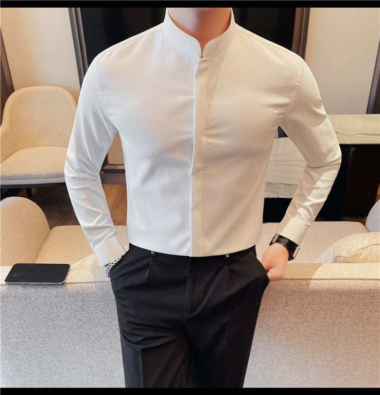 Men Standing Collar Shirt Long Sleeved 2024 Autumn British Style Solid Casual Hidden Button Elastic Slim Fit Formal Dress Shirt