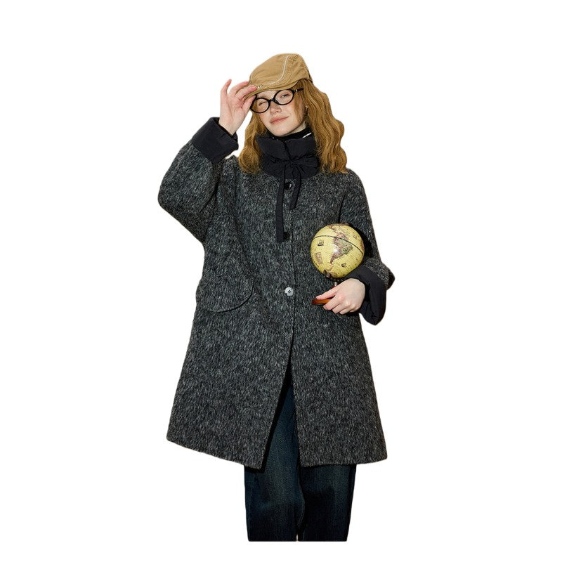 2025 Winter Women's Long Trench Coat Double Faced Wool Blend Parka Unique Patchwork Design Warm Down Filled Overcoat Outerwear