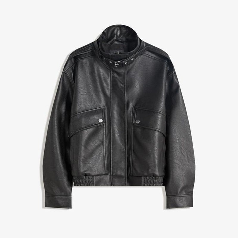 Fashion PU Leather Stand Up Coat for Women Casual Long Sleeve Zipper Lady Jackets 2025 Autumn New Female Outerwear High Street