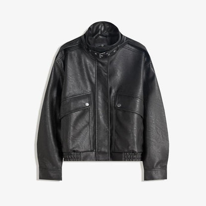 Fashion PU Leather Stand Up Coat for Women Casual Long Sleeve Zipper Lady Jackets 2025 Autumn New Female Outerwear High Street