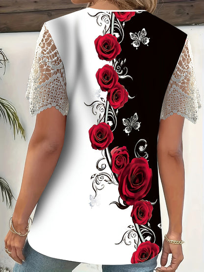 New Boho Flower Blouses Womens Fashion Shirt V-Neck Short Sleeve Flower Print Shirt Tops Casual Loose Ladies Floral Lace