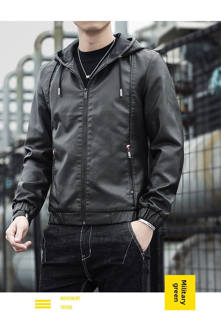 2025 Trending Men's Leather Jacket, Hooded Slim Fit Korean Style Biker Casual Coat
