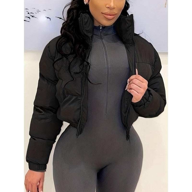 New Women Patchwork Puffer Parka Outwear Solid Color Winter Warm Zipper Crop Top
