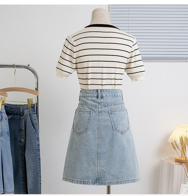 Plus Size Denim A Line Skirt With Lining 2024 Summer New Korean Fashion Pleated Midi Jean Skirt Woman Blue Color Jeans Skirts