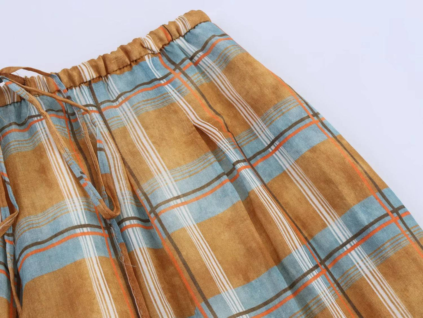 Women's 2025 Autumn Fashion Versatile Ramie Bloomers Plaid Printed Loose Pants Female High-Waist Drawstring Casual Trousers