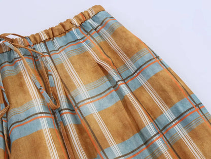 Women's 2025 Autumn Fashion Versatile Ramie Bloomers Plaid Printed Loose Pants Female High-Waist Drawstring Casual Trousers