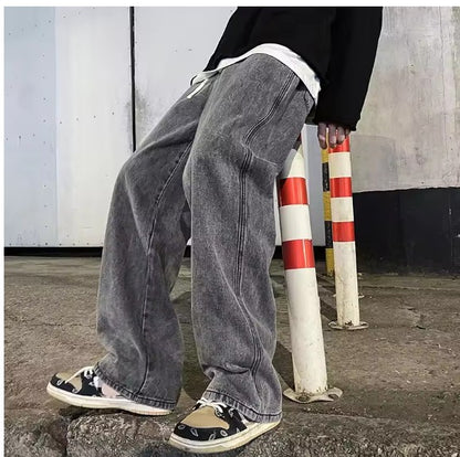 2025 New Solid Colors Men's Casual Long Jeans Classic Man Four Seasons Straight Denim Wide-leg Pants Light Blue Grey Black S-3XL
