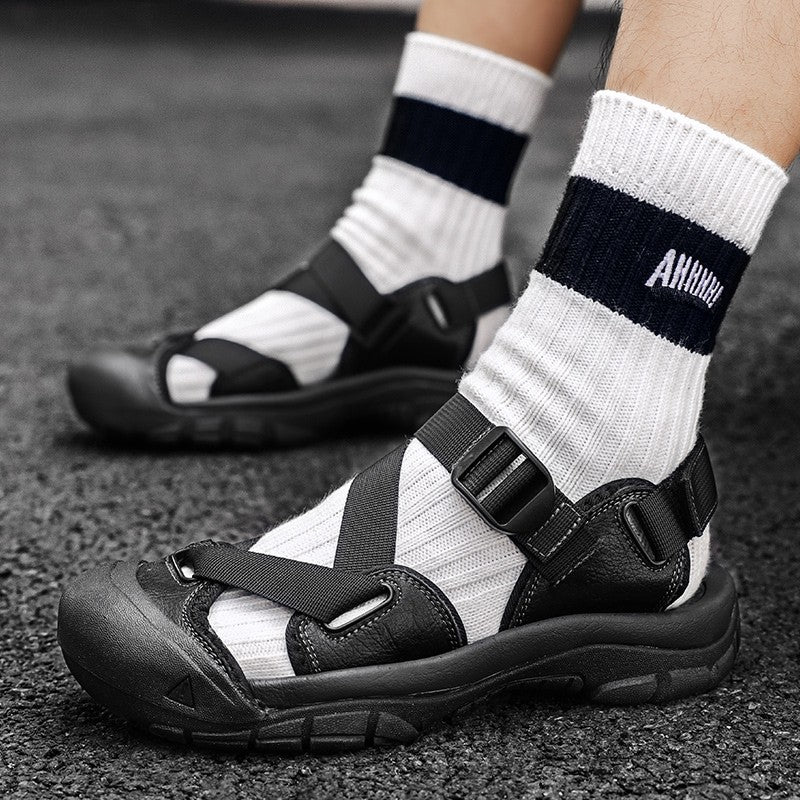 Sandals for Men's Summer New Cowhide Casual Beach Shoes, Genuine Leather for Men's Anti Slip Middle-aged Sandals and Slippers