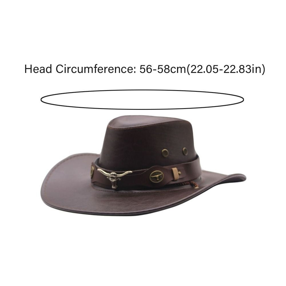 Simple PU Leather Western Cowboy Hat Big Brim Drawstring Sunscrean Bucket Cap Outdoor Travel Hat Hiking Hat Fisherman Hat Travel
