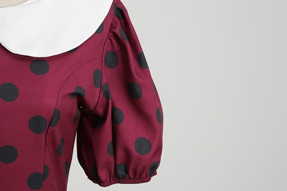 Elegant Women Summer Dress Puff Short Sleeve Polka Dot Peter pan Collar Vintage A-line Midi Long Party Sundress