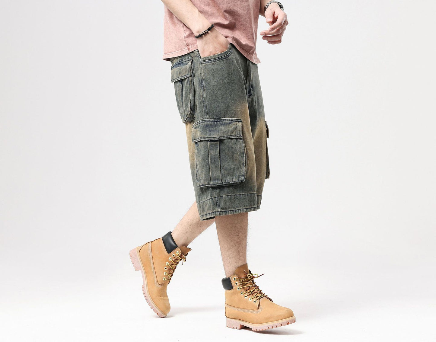 ABOORUN Mens Plus Size Loose Baggy Denim Shorts Fashion Streetwear Hip Hop Skateboard Cargo Jeans Short for Male R1402