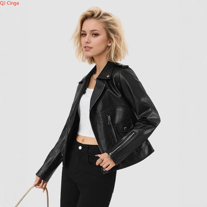 Women's Short-Length Black Leather Jacket for Fall, Fashionable Casual PU Jackets, Sizes: S M L XL.