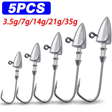 5 anzóis com cabeça triangular 3,5g 5g 7g 10g 21g 35g Anzol tipo barco Equipamento de pesca Texas Rig Pesca Chumbada Pesca Isca Artificial