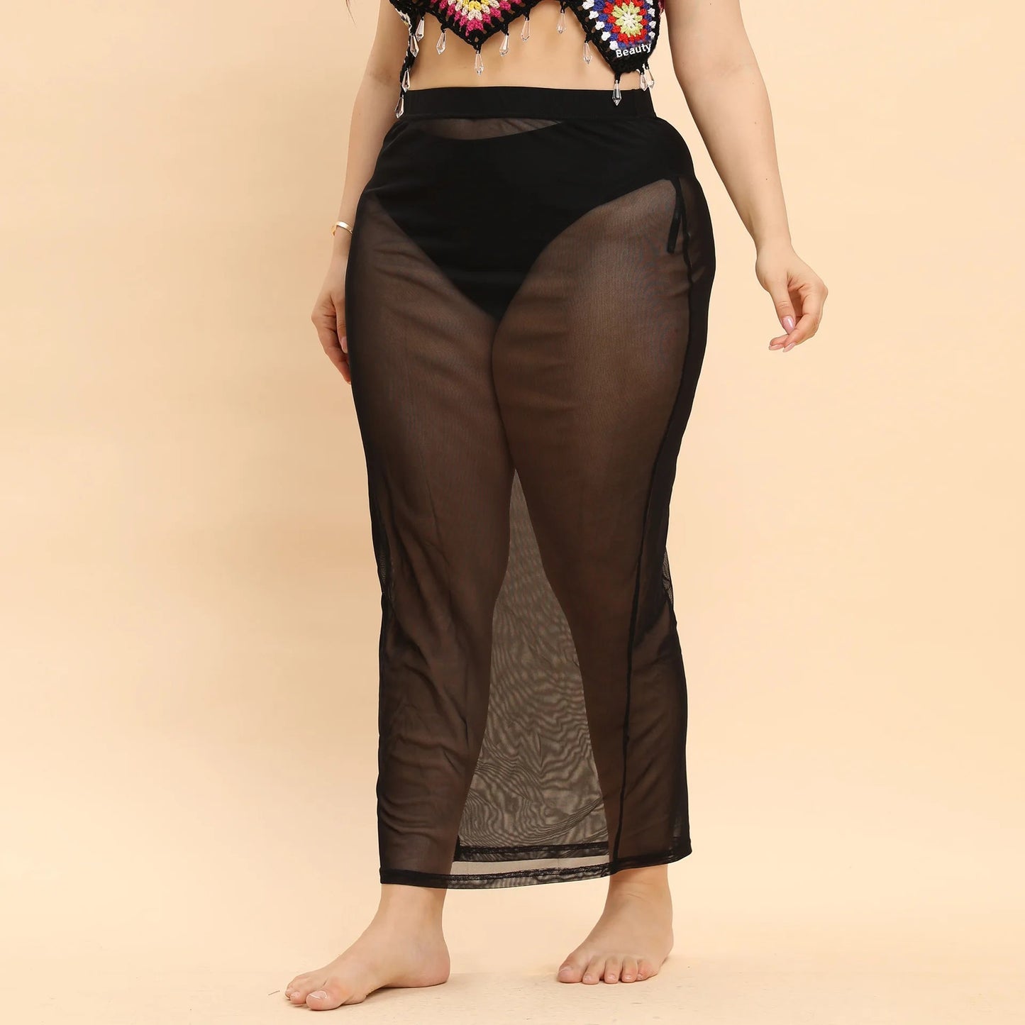 Plus Size Plus Size Beachy See through Mesh Skirt Sexy Vacation Style Women's Half Body Skirt Beach Vacation Fashion plus Siz...