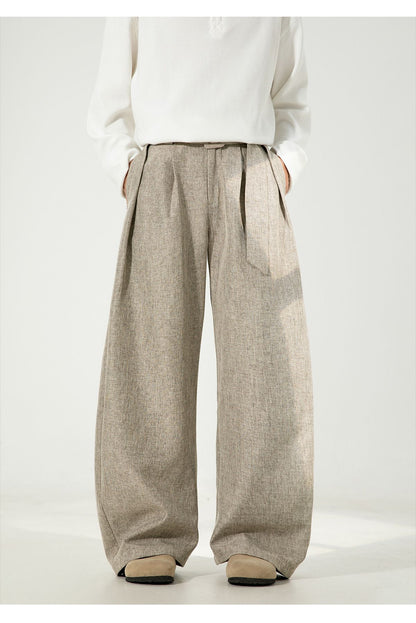 Men's Pleated Drape Curved-Leg Trousers Loose-Fit Straight-Leg Pants Retro-Style Belted Casual Pants