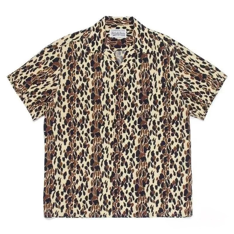 Classics Summer WACKO MARIA Shirts Full Print Leopard Rayon Short-sleeved Real Photos Hawaiian Shirt for Men Women