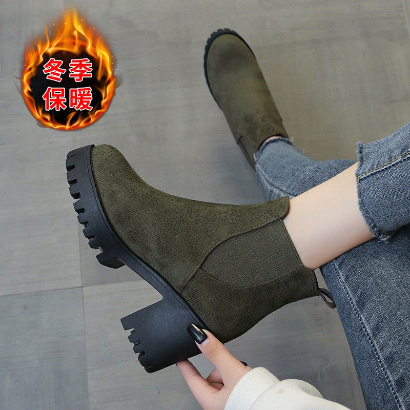 Autumn Women Suede Ankle Boots Fashion Metal Decoration Slimming Short Booties Autumn Winter Female Thick Heel Shoes D114