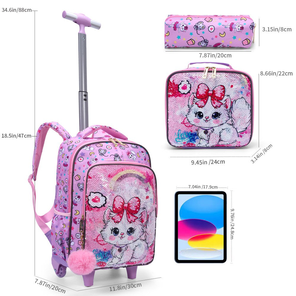 3PCS Set Rolling Backpack For Girls, Cute Cartoon Cat Sequin Design Wheeled Bags With Lunch Box And Pen Bag-Pink Red
