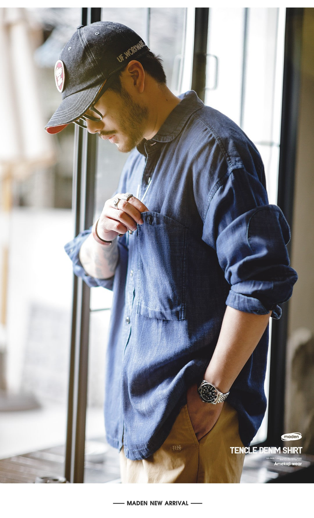 Maden Vintage Denim Shirt for Men's Spring Lightweight CPO Long Sleeve Shirt Lyocell Casual Thin Blue Lapel Collar Blouse