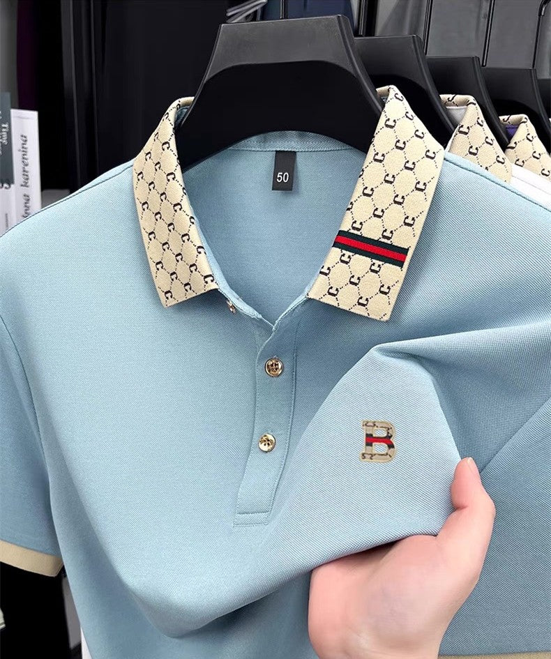 Luxury brand B letter embossed short sleeve polo shirt men summer lightweight breathable new fashion color blocked lapel T-shirt