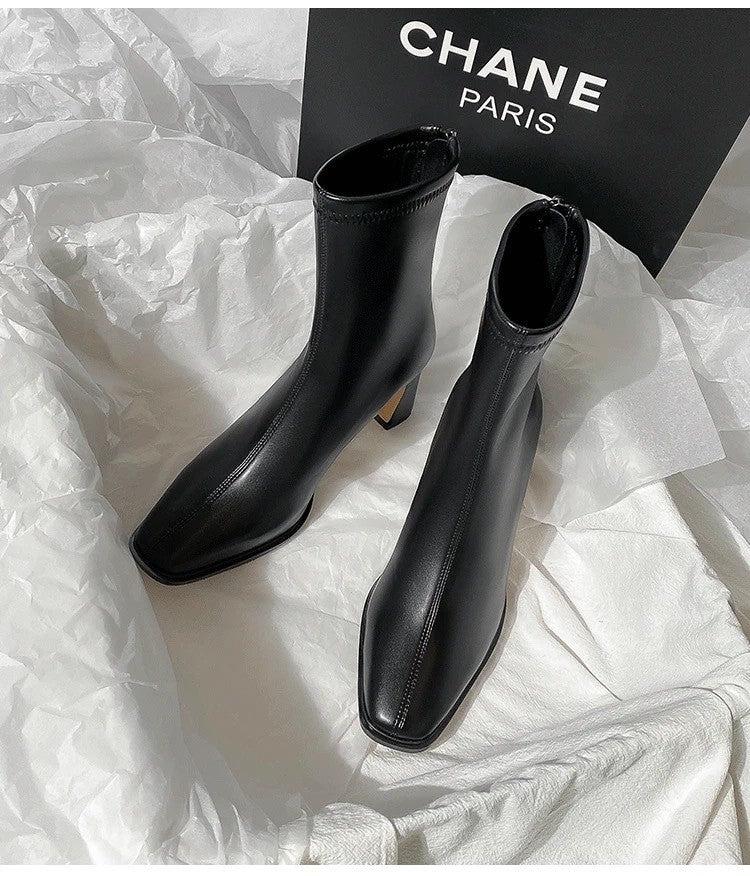 Autumn and Winter New Brown Short Boots with Velvet Coarse Heel French Ankle Boots and Back Zipper Square Head Boots