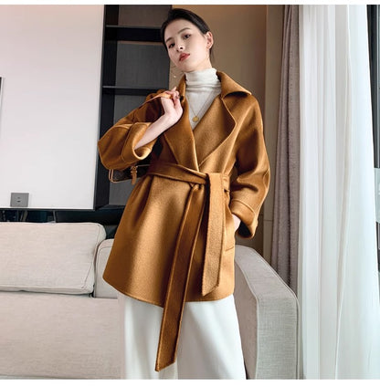 Autumn New Short Double-sided Cashmere Water Ripple Coat Women Turn-down Collar Loose Tempeament Warm Casual wool Jacket Female