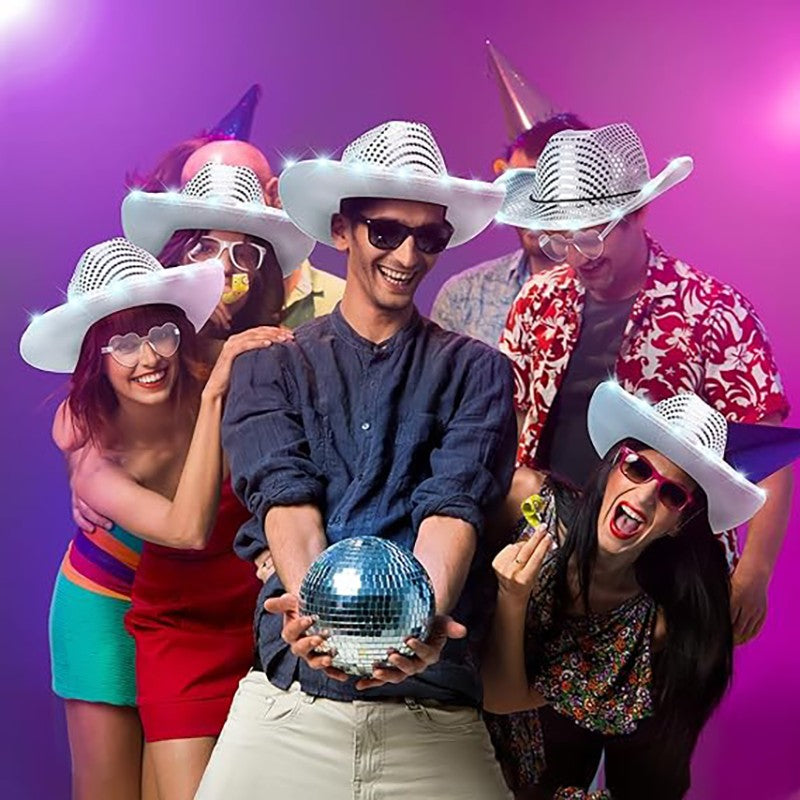 12/24/36/48pcs Light Up Cowboy Hat Silver Cowboy Hat Light Up Cowboy Hats Bulk Wedding for Dancing Party Led Hat Role Play Props