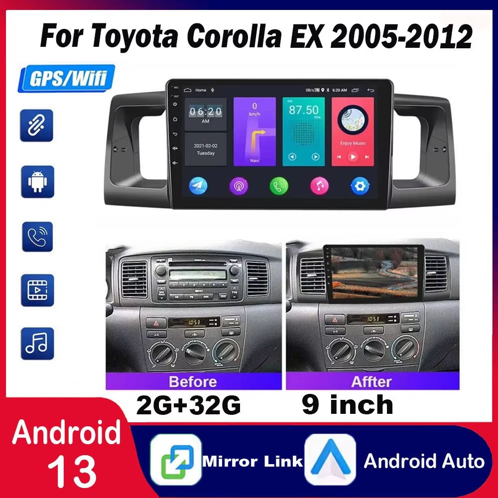 Rádio automotivo Android 13 atualizado para Toyota Corolla EX 2005-2012, tela de toque HD de 9 polegadas com CarPlay e Android Auto sem fio