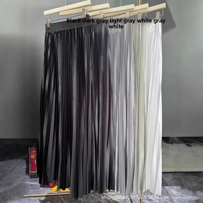 High Waist Satin Pleated Skirt 1 Meter Long Floor Length Pearl Glitter A- Line Umbrella Half Body Skirts Polyester Fiber