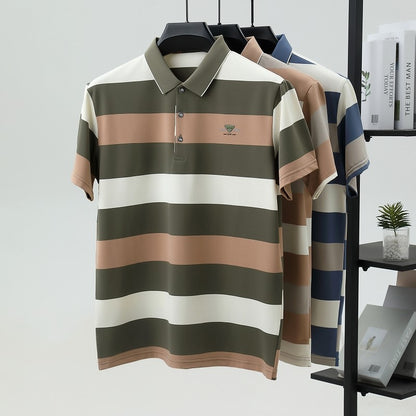 luxury wide stripe color blocked short sleeve polo shirt high-end brand letter embossed T-shirt fashion breathable men's wear