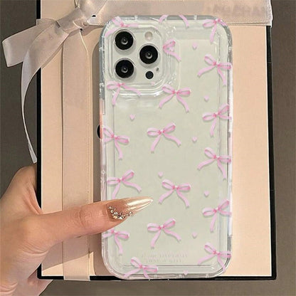 Capa de Celular com Laço de Coração Rosa Fofo para IPhone 17 16 15 14 13 12 11 Pro Max 13 12 Mini 17Air 16e Capas Antichoque Macias Transparentes Coque
