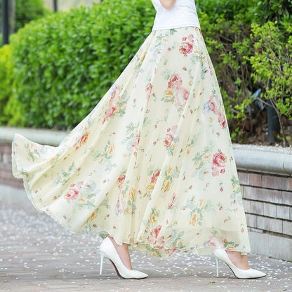 Chiffon Floral Maxi Summer Skirt Women Long High Waist Holiday Dance Skirt Elegant Beach Boho Hot Sale Lady Vintage Girl Fairy
