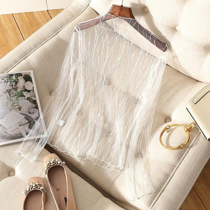 Lace Sheer Women‘s T-Shirt Fashion Mesh Summer Thin Bottom Shirt Transparent Long Sleeve Blouses Ladies Tops High Neck Tee Soli