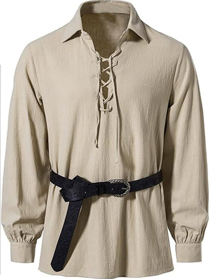 Men Medieval Pirate Shirt Lapel Lace Up Long Sleeve Blouse Renaissance Viking Halloween Cosplay Loose Puff Cuff Tops