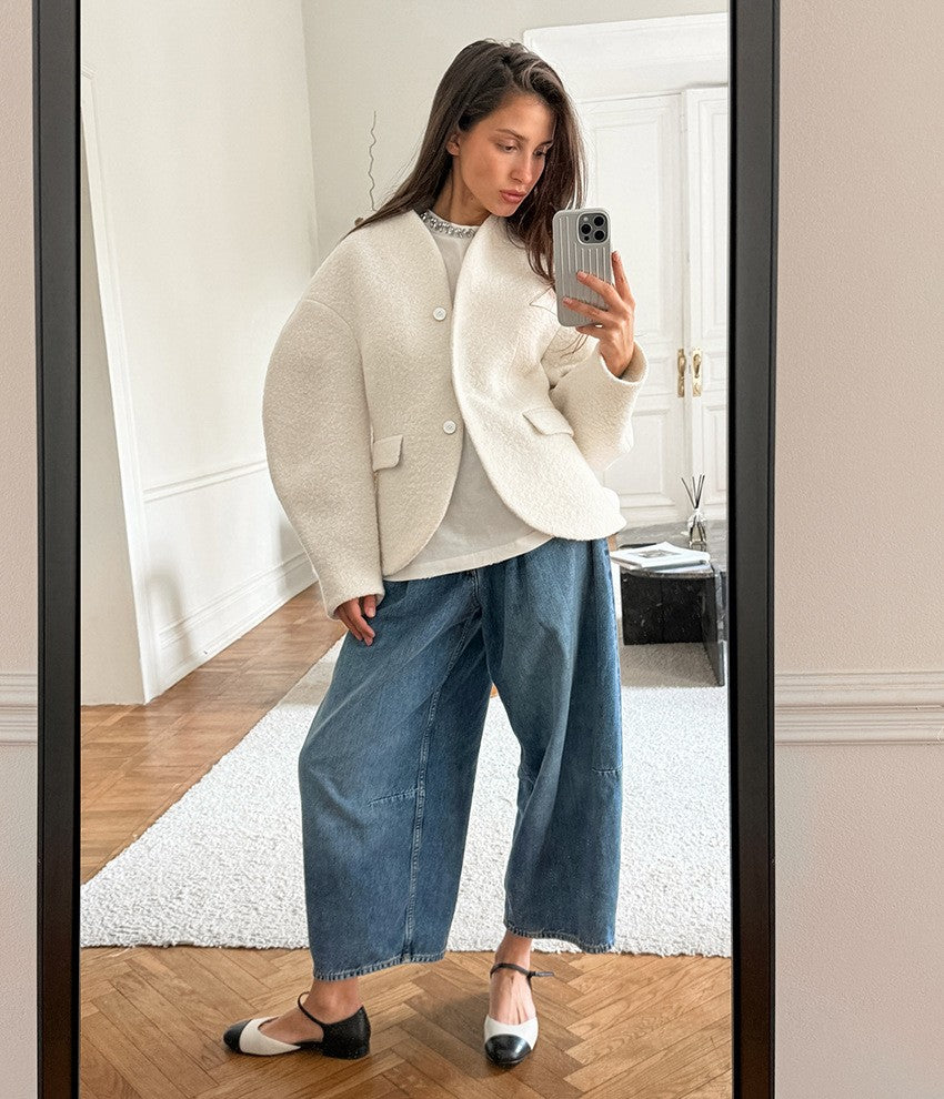 Leisure Solid Color Woolen Short Jacket Women Chic Collar Single Breasted Loose Outerwear Autumn New Daily Commuting Office Coat