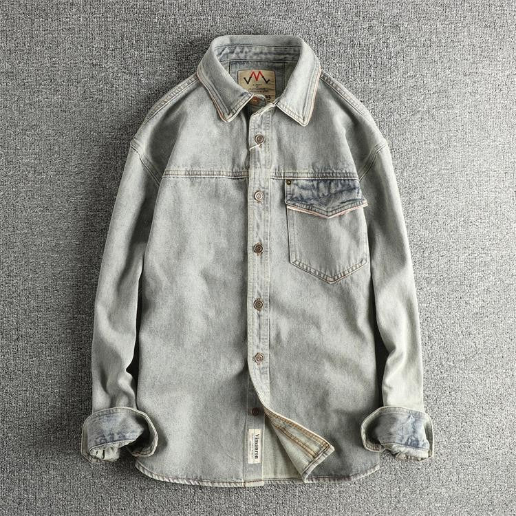Autumn New American Retro Heavyweight Single Pocket Denim Cargo Shirt Men's Simple 100% Cotton Washed Casual Blouses Thin Jacket