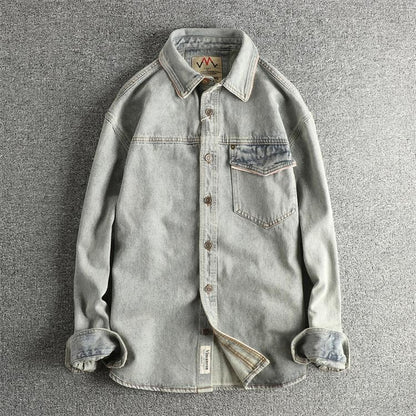 Autumn New American Retro Heavyweight Single Pocket Denim Cargo Shirt Men's Simple 100% Cotton Washed Casual Blouses Thin Jacket