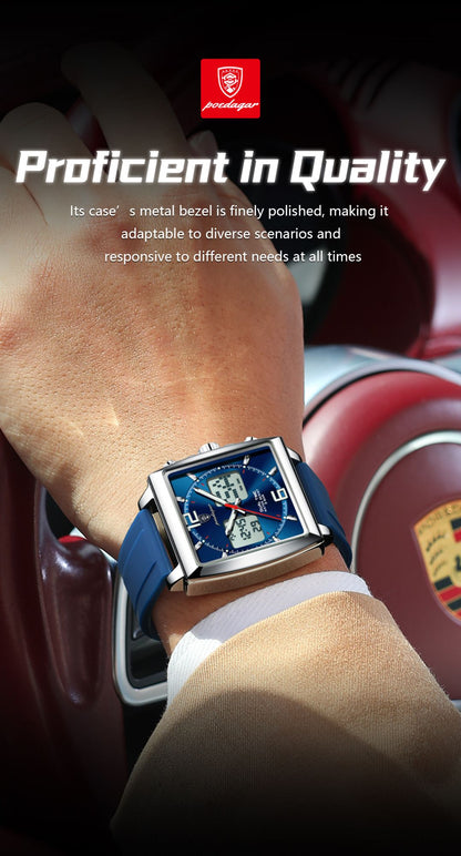 POEDAGAR Luxury Top Man Watch Electronic Square LED Alarm Chronograph Men's Watches Week Date Dual Time Display Men Quartz Clock