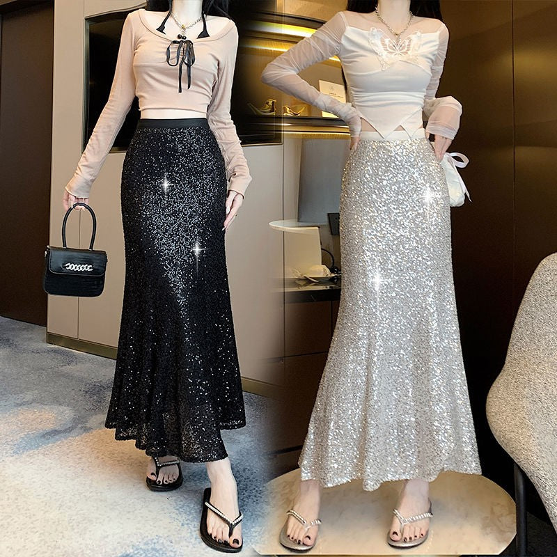 Elegant Sequined Long Black Skirts Women High Waist Party Club Faldas Largas Korean Fashion Y2k Clothes A Line Mid Length Skirt