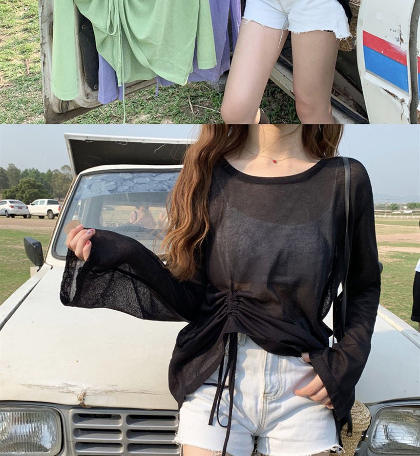 Women's 2025 Women's Summer New Beach Long sleeved Sunscreen Jacket Loose Hoodie Drawstring Upward Shirt