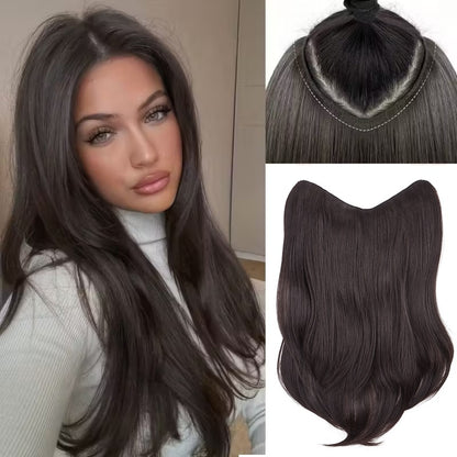 Extensões de Cabelo Sintético Longo Liso em V de 16 Polegadas com 4 Clipes, Aplique Preto Marrom para Adicionar Volume, Uso Diário e em Festas por Mulheres