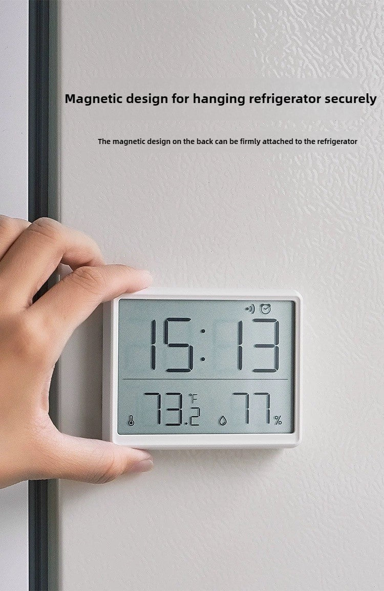 Slim Digital Wall Clock with LCD Alarm, Temperature & Humidity Display- Multi-Functional Kitchen Electronic Clock Adhesive Mount