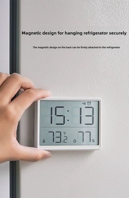 Slim Digital Wall Clock with LCD Alarm, Temperature & Humidity Display- Multi-Functional Kitchen Electronic Clock Adhesive Mount