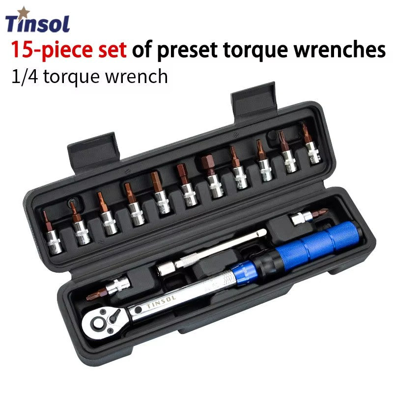 TINSOL Chave Dinamométrica para Bicicleta, Conjunto de 15 Peças, 1/4", 2-24Nm, Chave Allen Direção Dupla, Ferramenta Tipo Soquete Predefinido, Chave de Boca para Reparo Profissional
