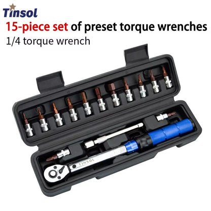 TINSOL Chave Dinamométrica para Bicicleta, Conjunto de 15 Peças, 1/4", 2-24Nm, Chave Allen Direção Dupla, Ferramenta Tipo Soquete Predefinido, Chave de Boca para Reparo Profissional